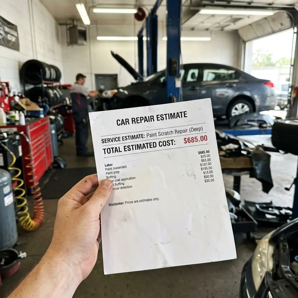 Hand holding car repair estimate for paint scratch repair cost inside auto shop with vehicle on lift