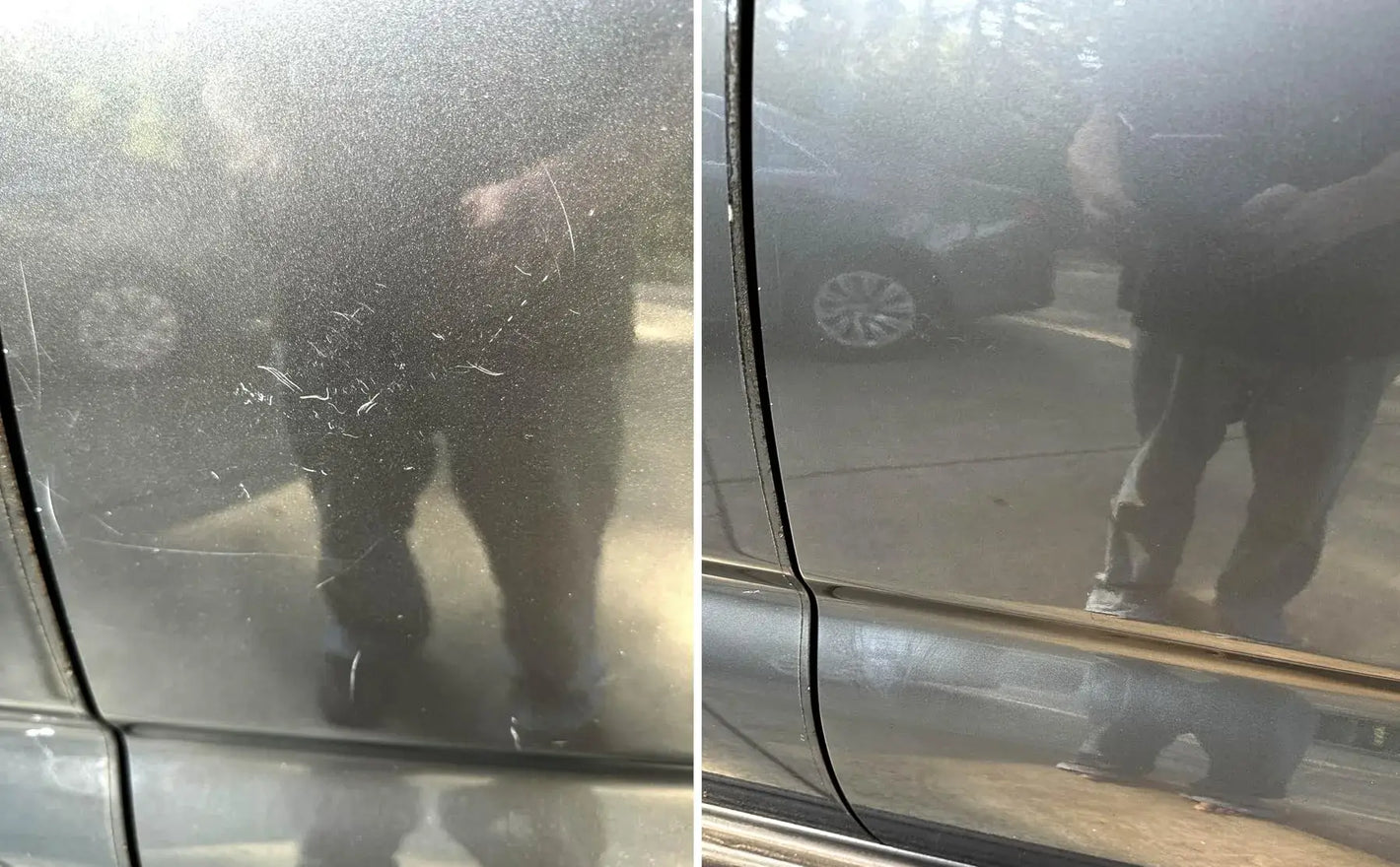 Before and after car door scratch repair showing removal of surface scratches and improved paint finish
