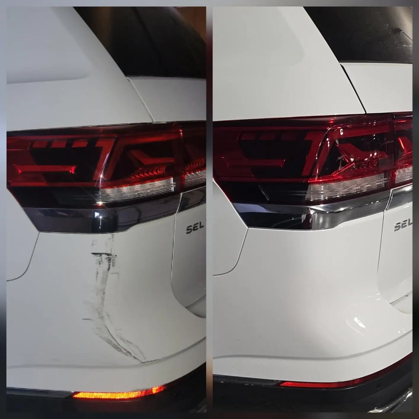 Before and after car scratch repair on white bumper showing removal of scuff marks and restored paint finish