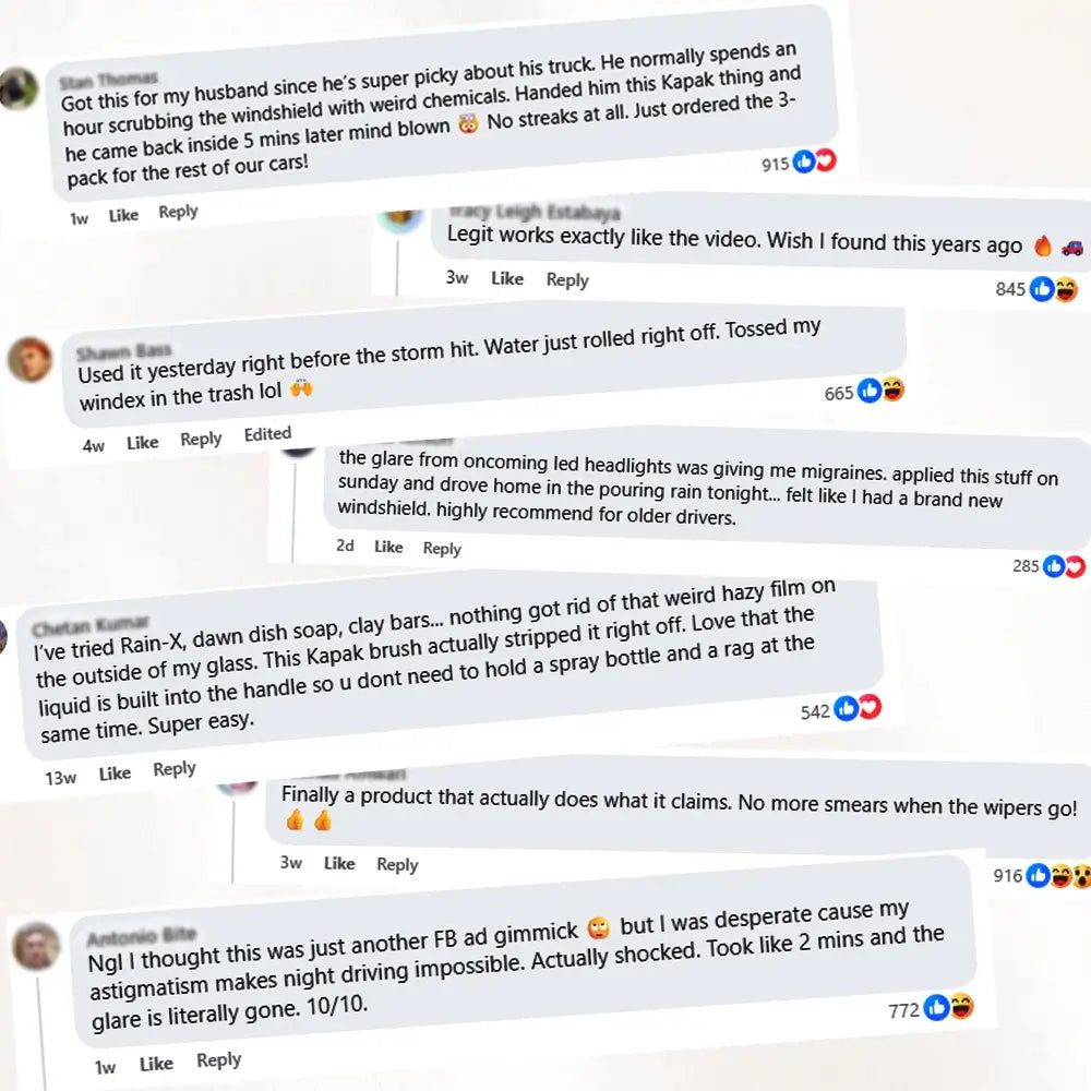 Customer reviews praising Kapak oil film cleaning brush for removing haze, glare, streaks, and improving windshield clarity in rain and night driving