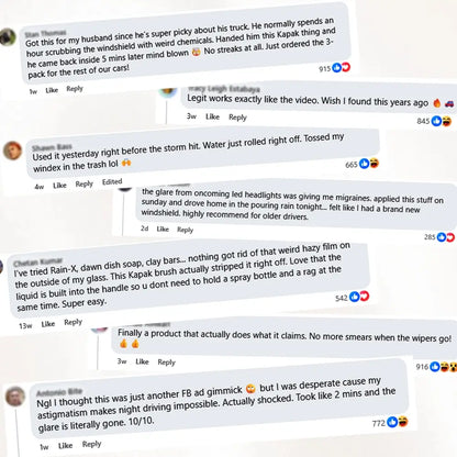 Customer reviews praising Kapak oil film cleaning brush for removing haze, glare, streaks, and improving windshield clarity in rain and night driving
