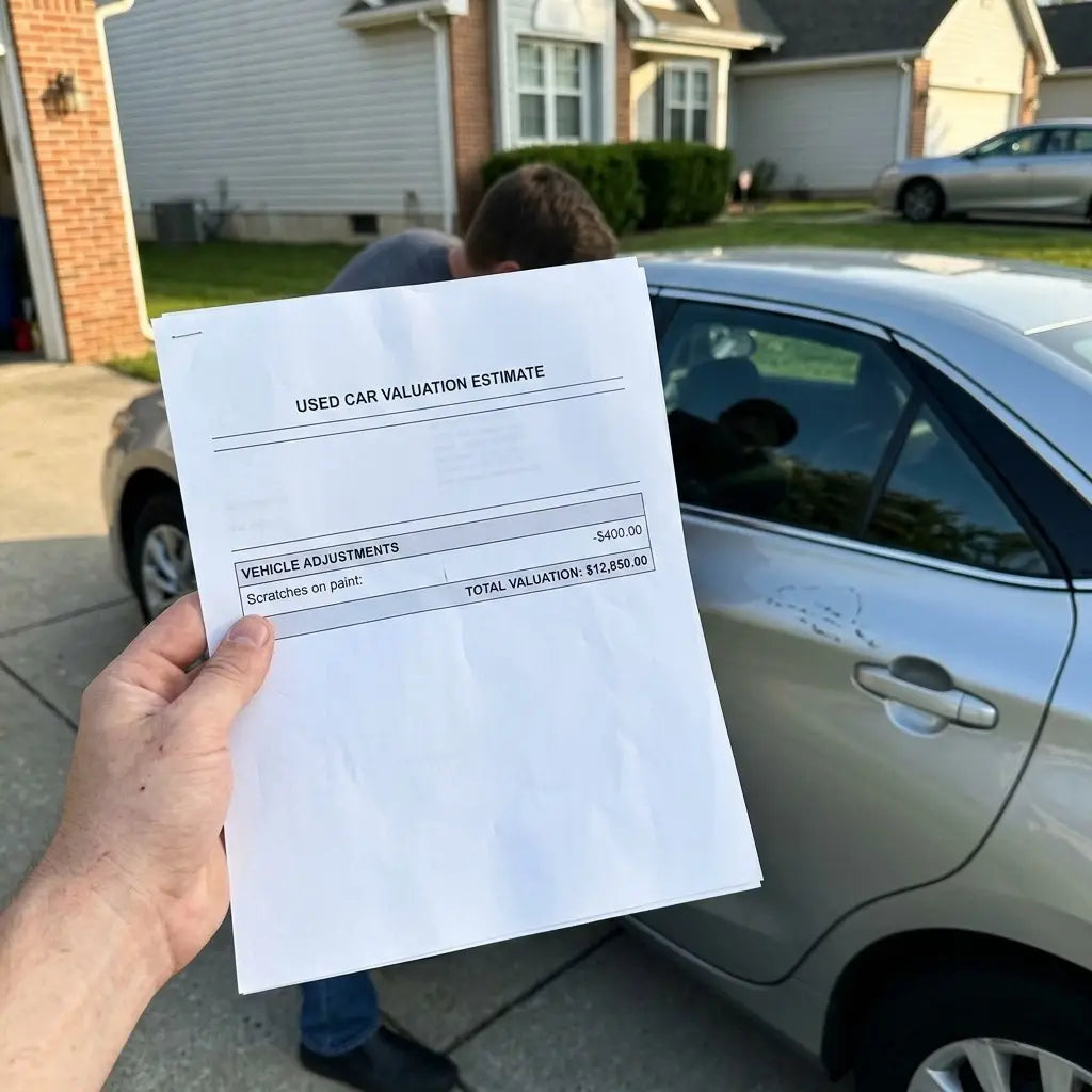 Hand holding used car valuation estimate showing deduction for paint scratches next to parked car