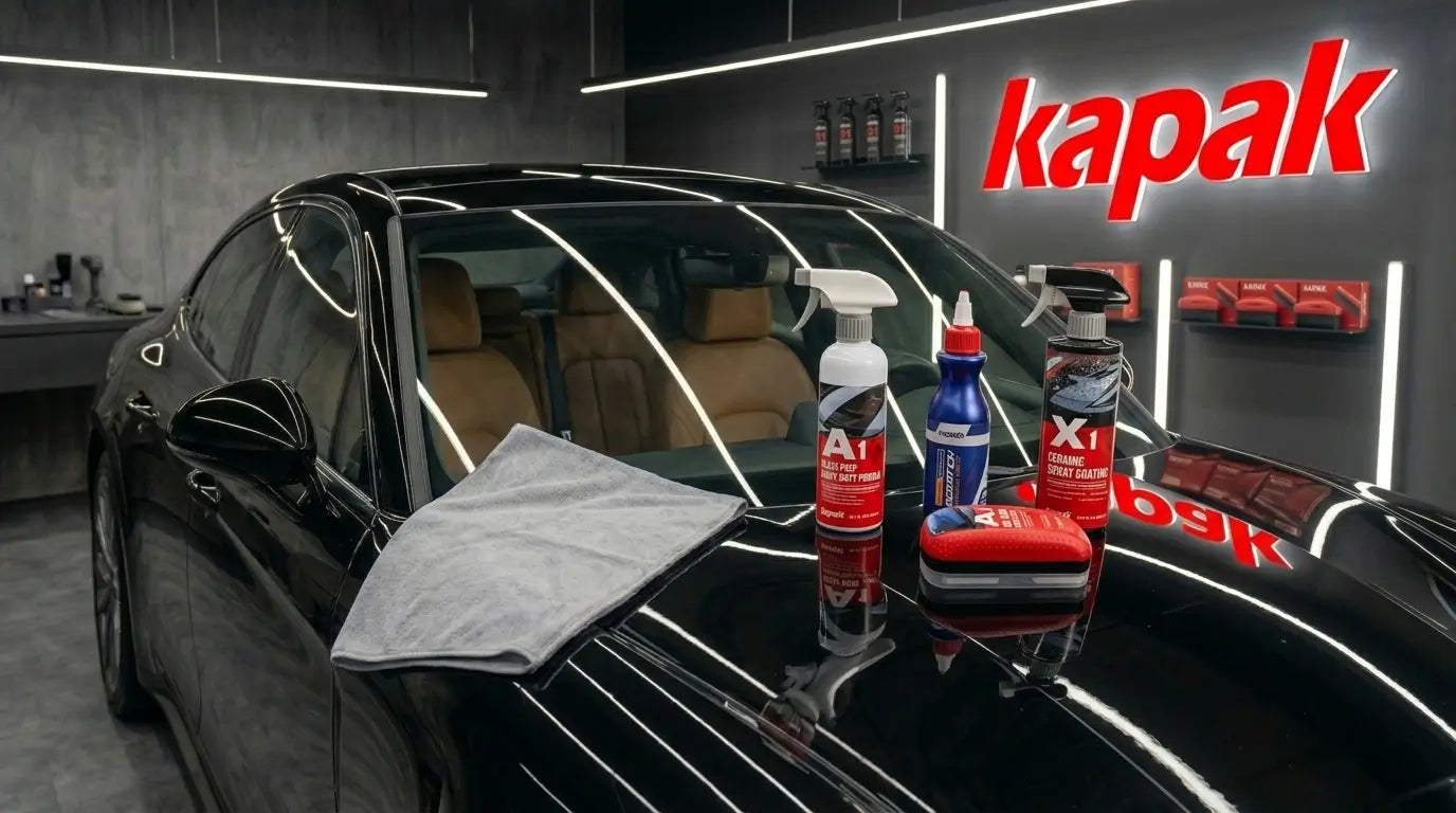 Kapak car care products displayed on a black car in a premium detailing garage showroom