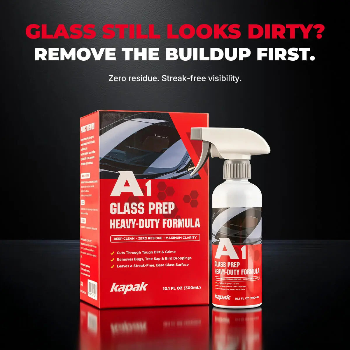 Kapak A1 glass prep heavy duty formula bottle and box for removing windshield buildup and grime