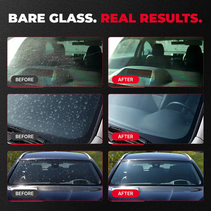 Before and after windshield cleaning results showing removal of oil film haze water spots and streaks for clear glass
