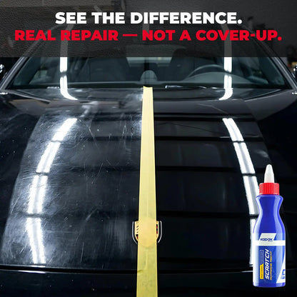 Before and after car hood showing scratch repair results with Kapak scratch remover restoring smooth glossy finish