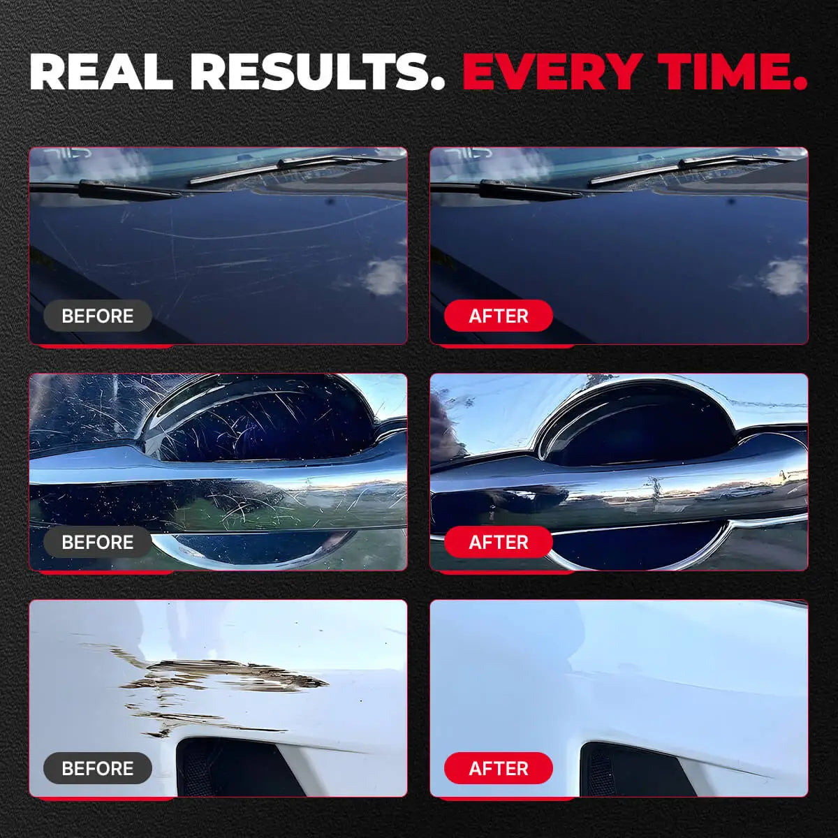 Before and after car scratch repair results showing clear improvement on paint surface and door handle areas
