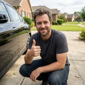 Man kneeling next to a black car on a driveway giving a thumbs up and smiling (Verified reviewer)