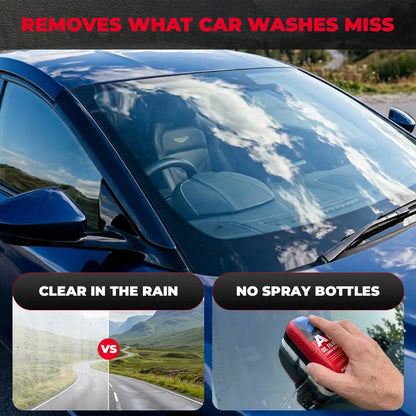 Clean windshield after oil film removal showing clear visibility with Kapak brush compared to rainy hazy view