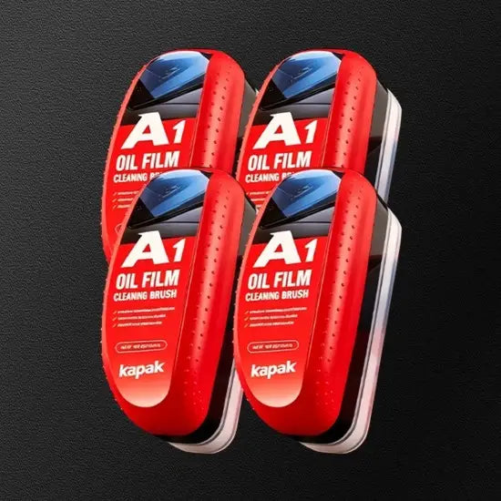 Four pack of Kapak A1 oil film cleaning brush products on dark textured background