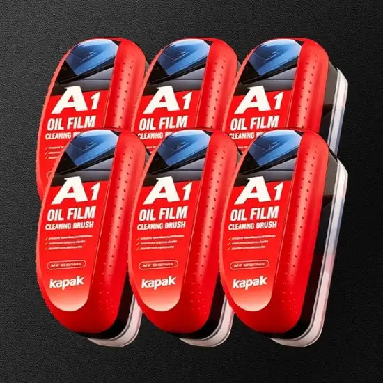 Six pack of Kapak A1 oil film cleaning brush products arranged on dark background